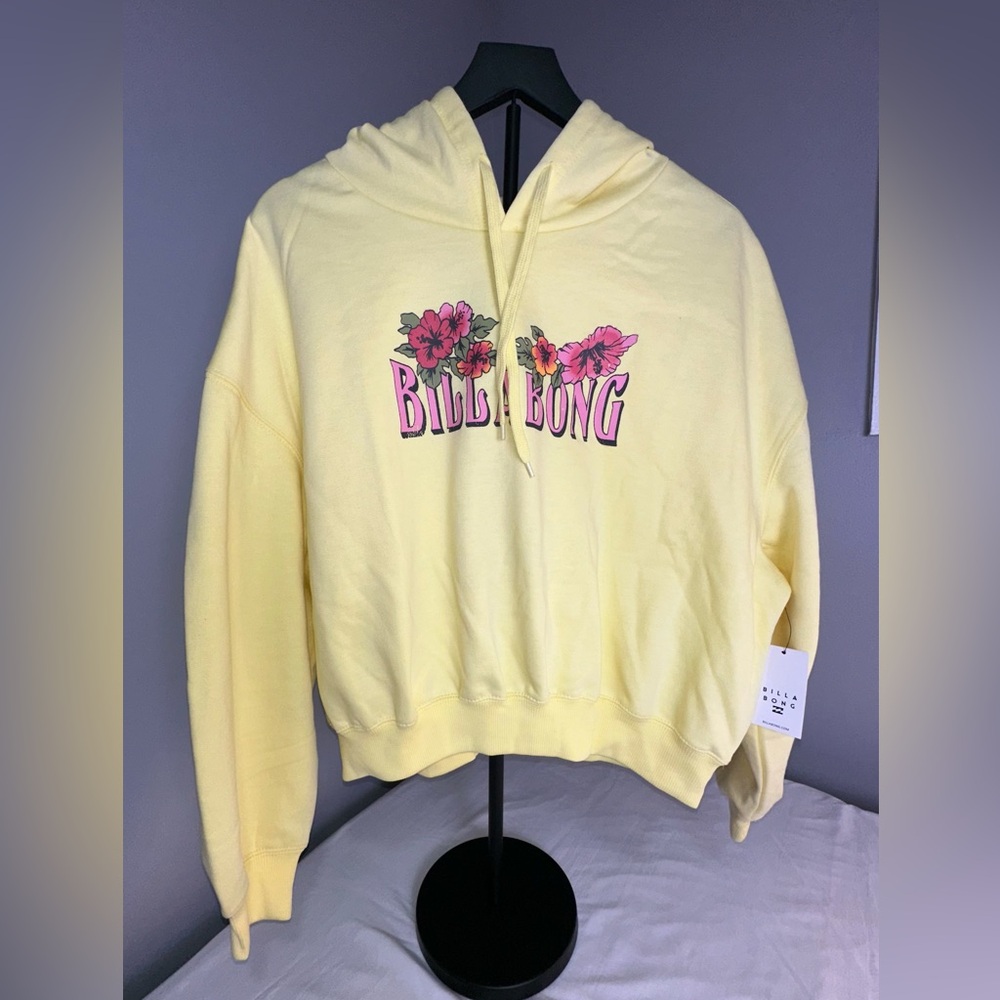 Billabong Yellow Floral Hoodie Size L NWT Cropped Surf Graphic Sweatshirt